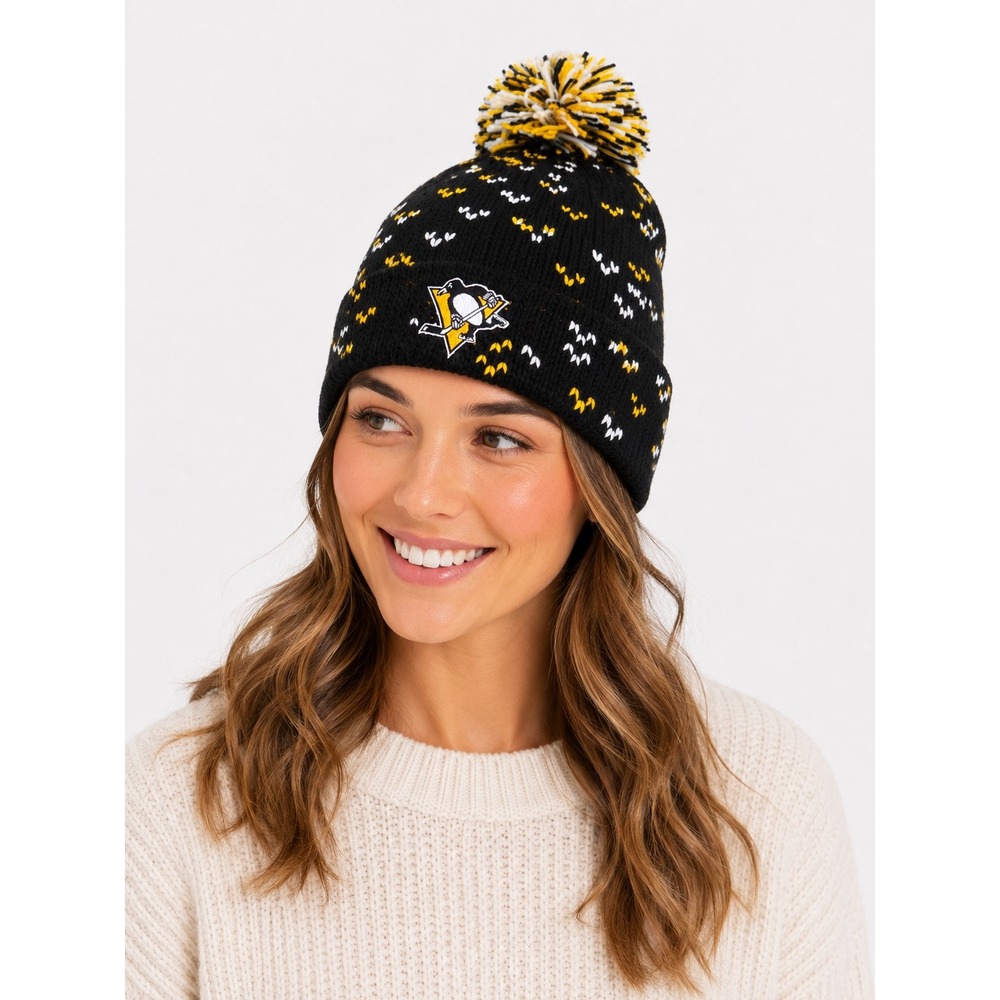 Adidas Pittsburgh Penguins Beanie Womens OSFM Black Yellow Knit Pom Gorpcore